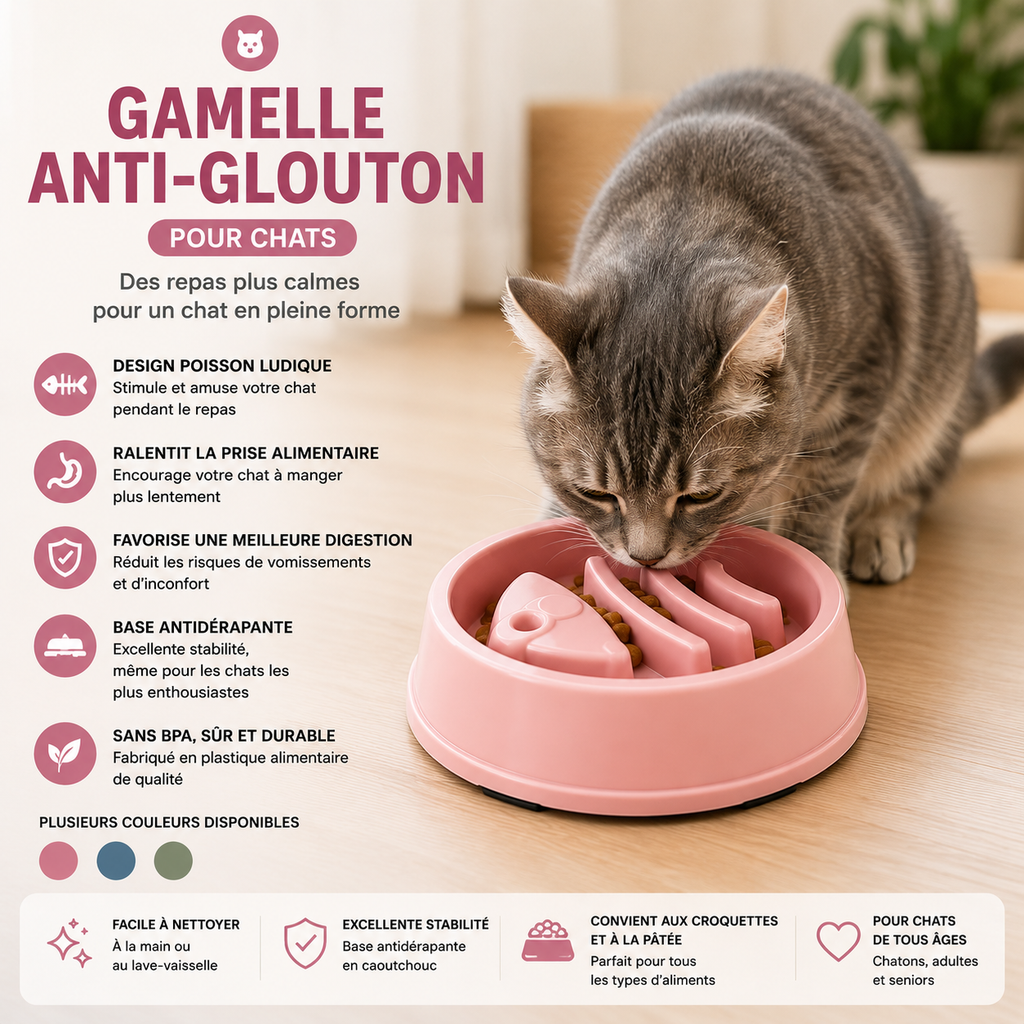 🐱 Gamelle Anti-Glouton Motif Poisson pour Chat