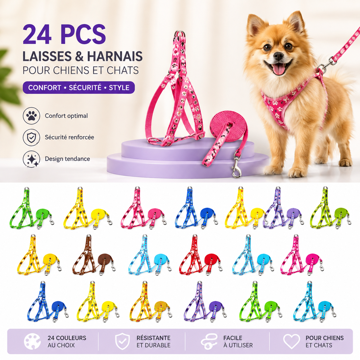 Laisse et harnais pour chiens et chats disponibles en plusieurs couleurs